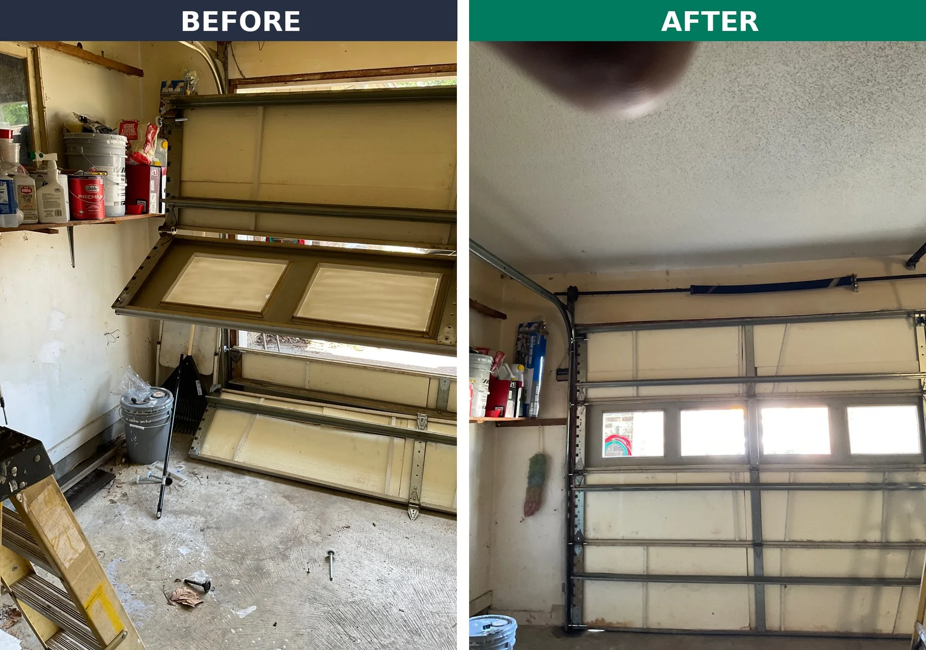 Before and after Lift Doctors stabilized and repaired a collapsed garage door