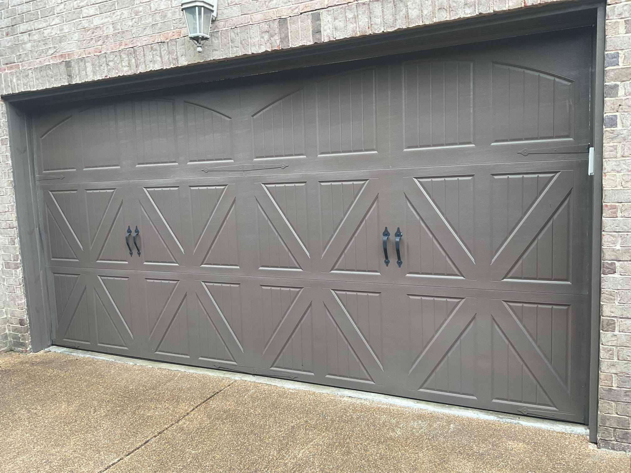 Finished brown double carriage garage door